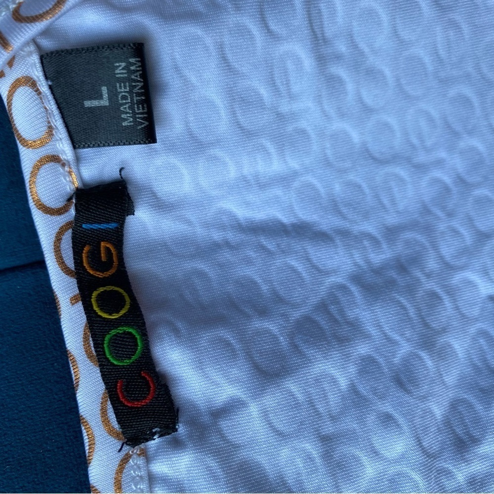 COOGI VINTAGE WHITE GOLD LOGO PRINT COWL NECK MINI DRESS LARGE - Picture 12 of 16